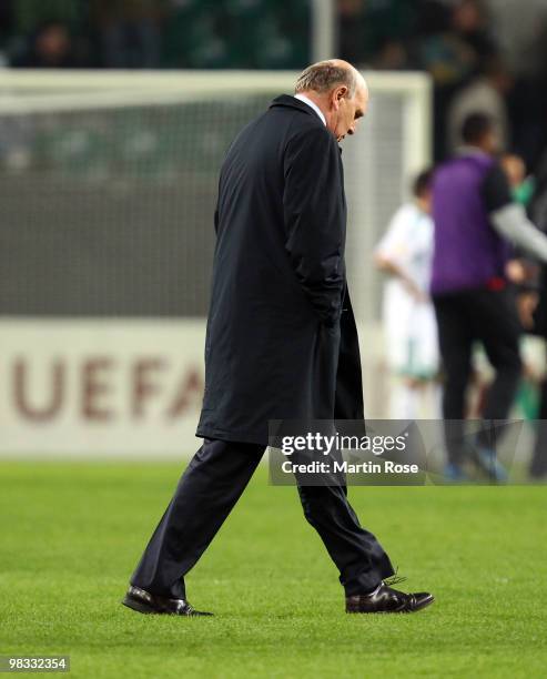 Dieter Hoeness, manager of Wolfsburg walks off dejected after the UEFA Europa League quarter final second leg match between VfL Wolfsburg and Fulham...