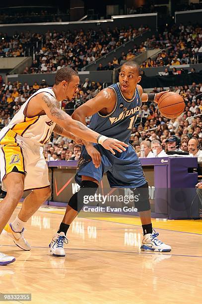 Randy Foye of the Washington Wizards handles the ball against Shannon Brown of the Los Angeles Lakers during the game on March 21, 2010 at Staples...