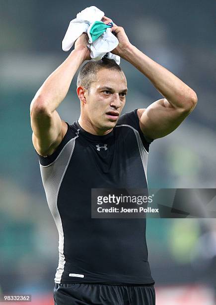 Bobby Zamora of Fulham celebrates after the UEFA Europa League quarter final second leg match between VfL Wolfsburg and Fulham at Volkswagen Arena on...