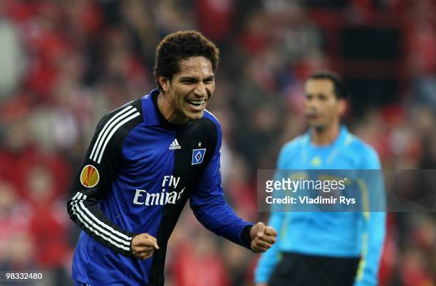 Paolo Guerrero of Hamburg celebrates after scoring his team's third goal during the UEFA Europa League quarter final second leg match between...