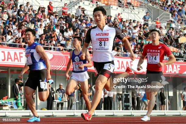 Shota Iizuka crosses the finish line to win the Men's 200m final on day three of the 102nd JAAF Athletic Championships at Ishin Me-Life Stadium on...