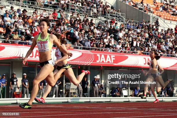 Chisato Fukushima crosses the finish line to win the Women's 200m on day three of the 102nd JAAF Athletic Championships at Ishin Me-Life Stadium on...