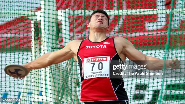 Masateru Yugami competes in the Men's disus throw with the new Japan record on day three of the 102nd JAAF Athletic Championships at Ishin Me-Life...