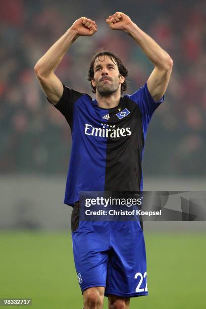 Ruud van Nistelrooy of Hamburg celebrates the 3:1 victory after the UEFA Europa League quarter final second leg match between Standard Liege and...