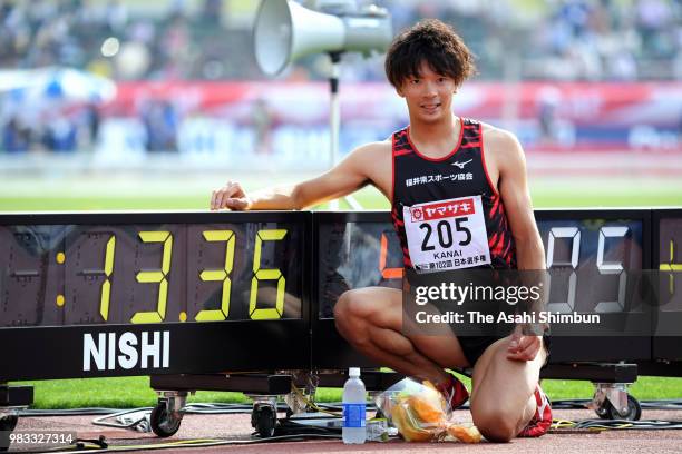 Taio Kanai celebrates winning the Men's 110m Hurdles with the new Japan record on day three of the 102nd JAAF Athletic Championships at Ishin Me-Life...