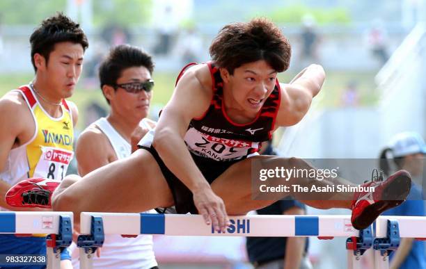 Taio Kanai competes in the Men's 110m Hurdles with the new Japan record on day three of the 102nd JAAF Athletic Championships at Ishin Me-Life...