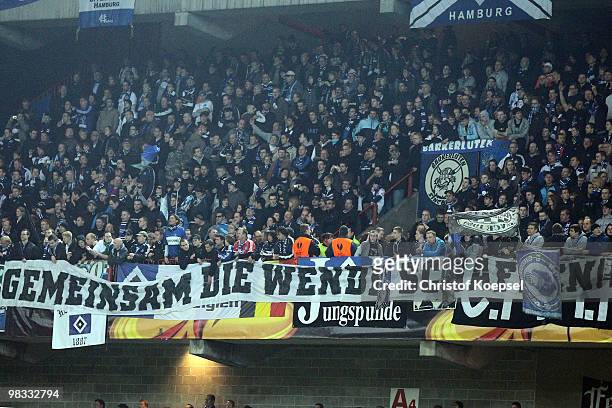 The fans of Hamburg show a banner during the UEFA Europa League quarter final second leg match between Standard Liege and Hamburger SV at Maurice...