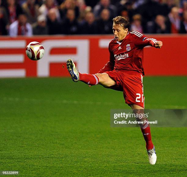 Lucas Leiva of Liverpool during the quarter final second leg UEFA Europa League match between Liverpool and Benfica at Anfield on April 8, 2010 in...