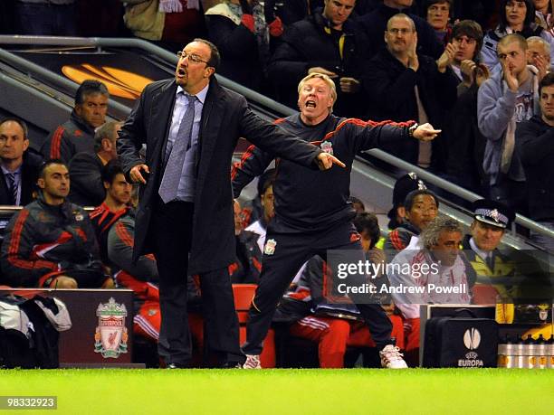 Rafael Benitez manager of Liverpool and Samy Lee assistant manager of Liverpool during the quarter final second leg UEFA Europa League match between...