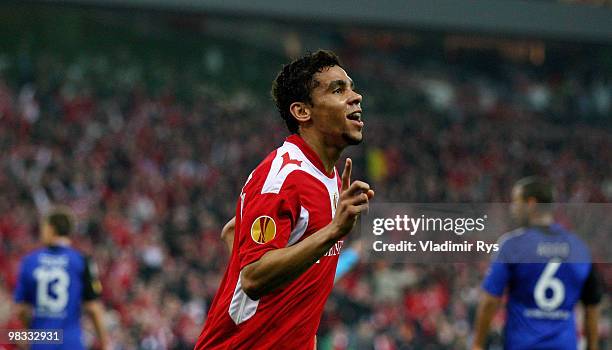 Igor de Camargo of Liege celebrates after scoring his team's first goal during the UEFA Europa League quarter final second leg match between Standard...