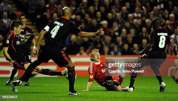 Dirk Kuyt of Liverpool kicks the ball wide during the quarter final second leg UEFA Europa League match between Liverpool and Benfica at Anfield on...