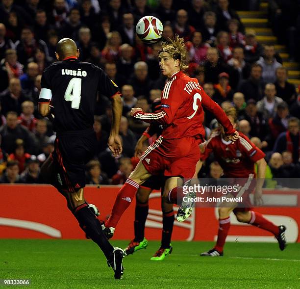 Fernando Torres of Liverpool heads the ball wide during the quarter final second leg UEFA Europa League match between Liverpool and Benfica at...