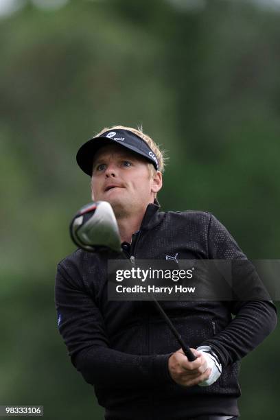 Soren Kjeldsen of Denmark plays his tee shot on the 18th hole during the first round of the 2010 Masters Tournament at Augusta National Golf Club on...