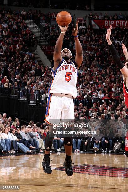 Bill Walker of the New York Knicks shoots a jump shot during the game against the Portland Trail Blazers at The Rose Garden on March 31. 2010 in...