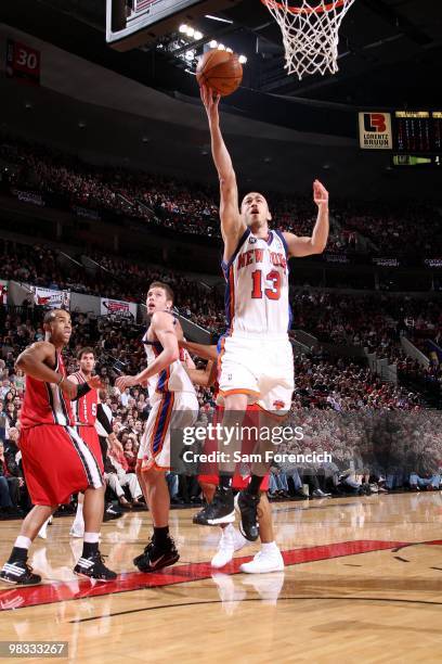 Sergio Rodriguez of the New York Knicks shoots a layup during the game against the Portland Trail Blazers at The Rose Garden on March 31. 2010 in...