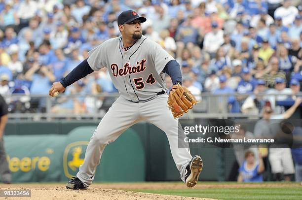 Joel Zumaya of the Detroit Tigers pitches during the season opener against the Kansas City Royals on April 5, 2010 at Kauffman Stadium in Kansas...