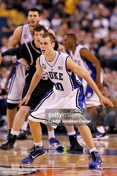 Jon Scheyer of the Duke Blue Devils defends against the Butler Bulldogs during the 2010 NCAA Division I Men's Basketball National Championship game...