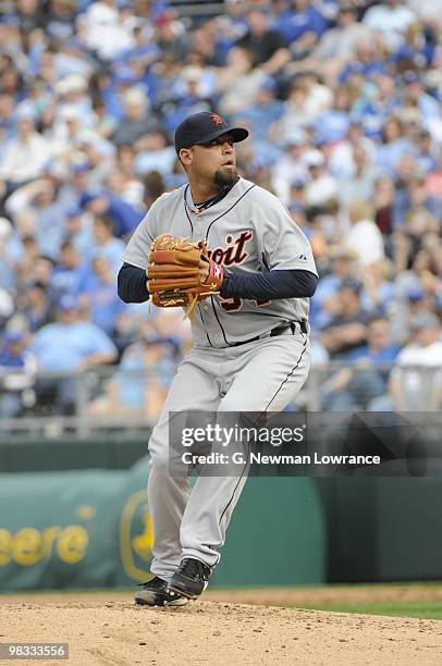 Joel Zumaya of the Detroit Tigers pitches during the season opener against the Kansas City Royals on April 5, 2010 at Kauffman Stadium in Kansas...