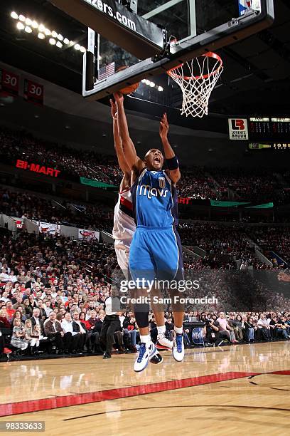 Shawn Marion of the Dallas Mavericks shoots a layup during the game against the Portland Trail Blazers at The Rose Garden on March 25, 2010 in...