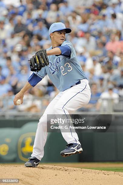 Zack Greinke of the Kansas City Royals delivers the pitch during the season opener game against the Detroit Tigers on April 5, 2010 at Kauffman...