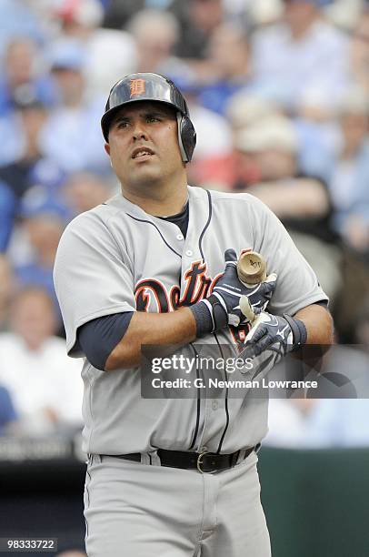 Gerald Laird of the Detroit Tigers looks on during the season opener against the Kansas City Royals on April 5, 2010 at Kauffman Stadium in Kansas...