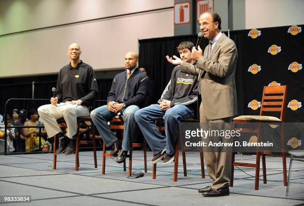 Kareem Abdul-Jabbar, Derek Fisher, Adam Morrison and Joel Myers participate during the Los Angeles Lakers Fan Jam at the Convention Center on March...
