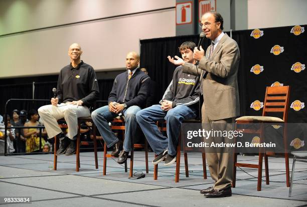 Kareem Abdul-Jabbar, Derek Fisher, Adam Morrison and Joel Myers participate during the Los Angeles Lakers Fan Jam at the Convention Center on March...