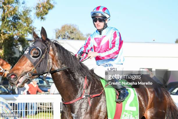 Michael Poy returns to the mounting yard aboard Fanciful Toff after winning the Mildura Cup Carnival 27th & 28th July Murray Mallee Stayers Heat 1 at...