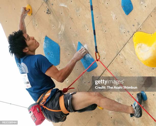 Tomoa Narasaki competes in the Lead Climbing on day two of the Sports Climbing Combined Japan Cup on June 24, 2018 in Morioka, Iwate, Japan.