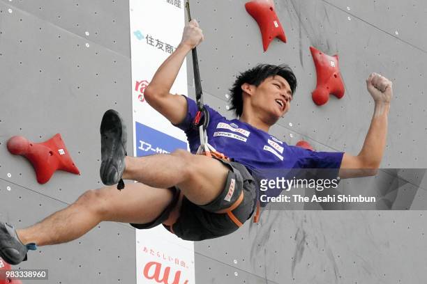 Tomoa Narasaki competes in the Speed Climbing on day two of the Sports Climbing Combined Japan Cup on June 24, 2018 in Morioka, Iwate, Japan.