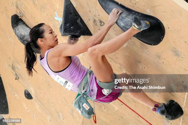 Akiyo Noguchi competes in the Lead Climbing on day two of the Sports Climbing Combined Japan Cup on June 24, 2018 in Morioka, Iwate, Japan.