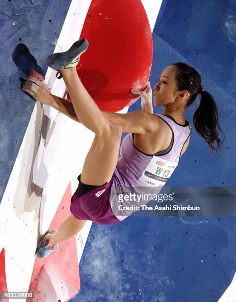 Akiyo Noguchi competes in the Bouldering on day two of the Sports Climbing Combined Japan Cup on June 24, 2018 in Morioka, Iwate, Japan.