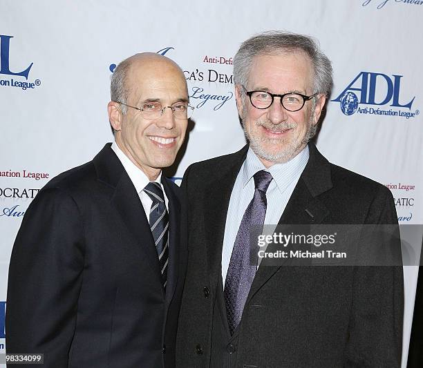 Jeffrey Katzenberg and Steven Spielberg arrive to the America's Democratic Legacy Awards Gala held at The Beverly Hilton Hotel on December 9, 2009 in...