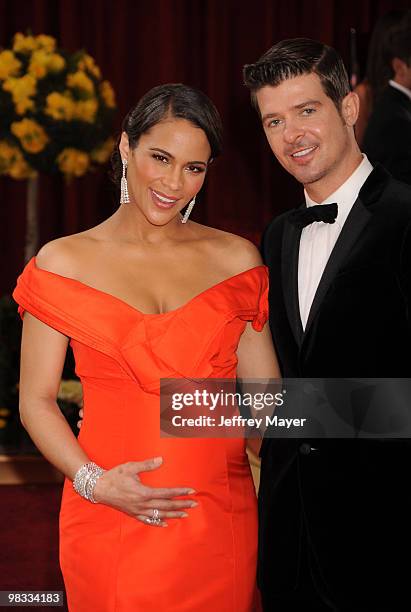 Actress Paula Patton and Singer Robin Thicke arrive at the 82nd Annual Academy Awards held at the Kodak Theatre on March 7, 2010 in Hollywood,...