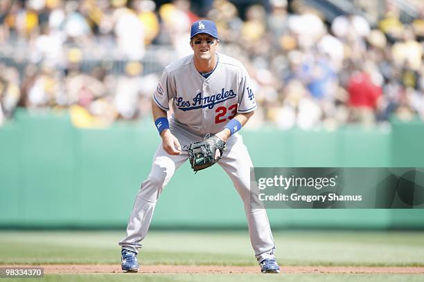 Casey Blake of the Los Angeles Dodgers gets ready infield during season opener game against the Pittsburgh Pirates on April 5, 2010 at PNC Park in...