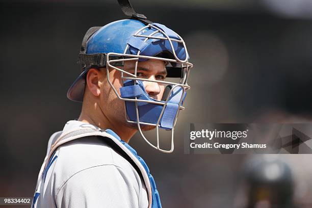 Catcher Russell Martin of the Los Angeles Dodgers looks on during season home opener game against the Pittsburgh Pirates on April 5, 2010 at PNC Park...