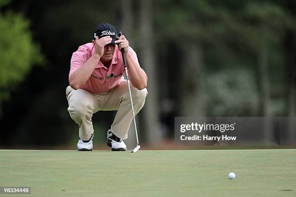 Steve Stricker lines up a putt on thye 18th green during the first round of the 2010 Masters Tournament at Augusta National Golf Club on April 8,...