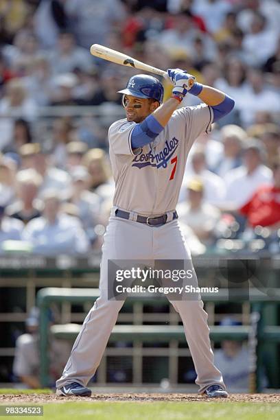 James Loney of the Los Angeles Dodgers gets ready at bat during season home opener game against the Pittsburgh Pirates on April 5, 2010 at PNC Park...