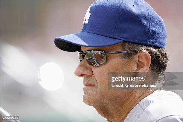 Manager Joe Torre of the Los Angeles Dodgers looks on during season home opener game against the Pittsburgh Pirates on April 5, 2010 at PNC Park in...