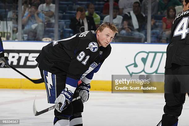 Steven Stamkos of the Tampa Bay Lightning warms-ups during pre-game skate against the Ottawa Senators at the St. Pete Times Forum on April 8, 2010 in...