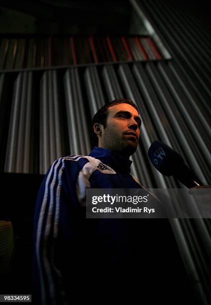 Joris Mathijsen of Hamburg gives interviews after the UEFA Europa League quarter final second leg match between Standard Liege and Hamburger SV at...