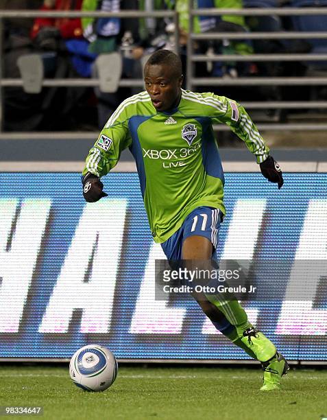 Steve Zakuani of the Seattle Sounders FC paces the ball on the attack during their MLS match against the New York Red Bulls on April 3, 2010 at Qwest...