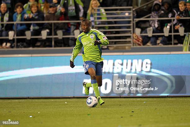 Steve Zakuani of the Seattle Sounders FC paces the ball on the attack during their MLS match against the New York Red Bulls on April 3, 2010 at Qwest...