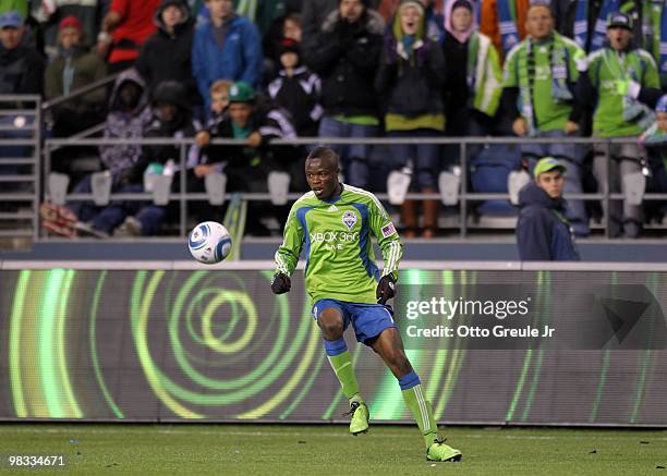 Steve Zakuani of the Seattle Sounders FC paces the ball on the attack during their MLS match against the New York Red Bulls on April 3, 2010 at Qwest...