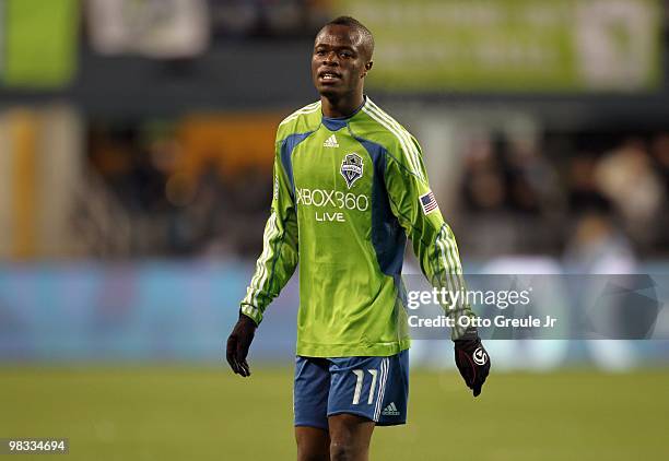 Steve Zakuani of the Seattle Sounders FC looks on during their MLS match against the New York Red Bulls on April 3, 2010 at Qwest Field in Seattle,...