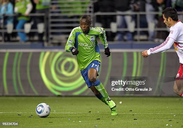 Steve Zakuani of the Seattle Sounders FC paces the ball on the attack during their MLS match against the New York Red Bulls on April 3, 2010 at Qwest...