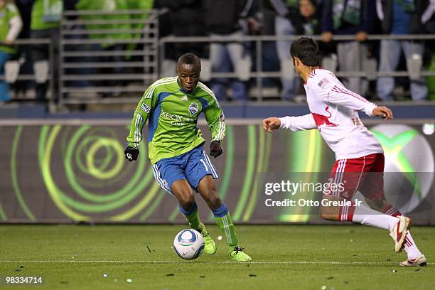 Steve Zakuani of the Seattle Sounders FC paces the ball on the attack during their MLS match against the New York Red Bulls on April 3, 2010 at Qwest...