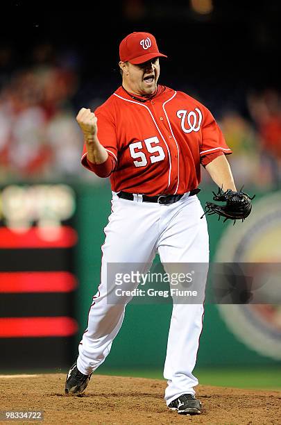 Matt Capps of the Washington Nationals celebrates after the final out in a 6-5 victory over the Philadelphia Phillies at Nationals Park on April 8,...