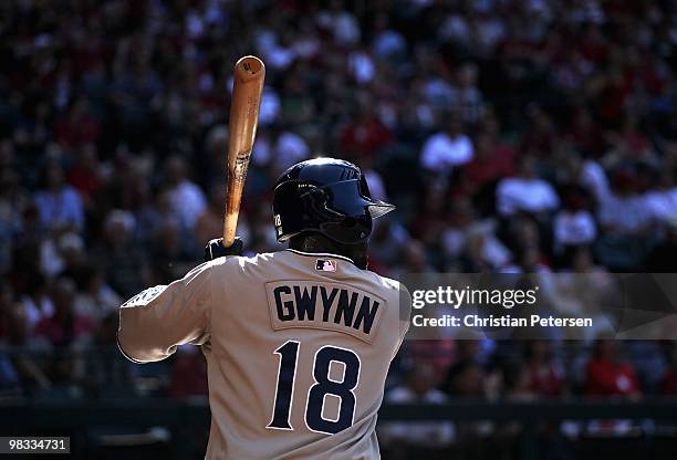 Tony Gwynn of the San Diego Padres warms up on deck during the Opening Day major league baseball game against the Arizona Diamondbacks at Chase Field...