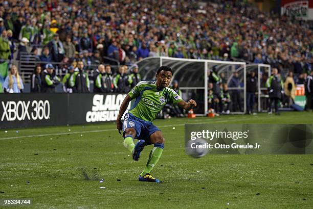 James Riley of the Seattle Sounders FC crosses the ball against the New York Red Bulls during their MLS match on April 3, 2010 at Qwest Field in...